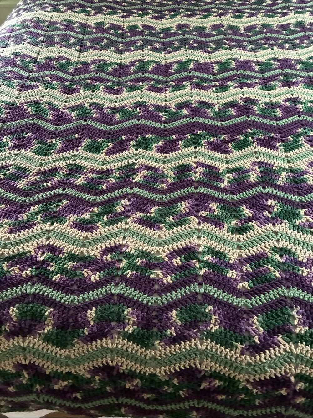 Vintage Mosaic Crochet Afghan Blanket Chevron Wave Purple Green Cream Large